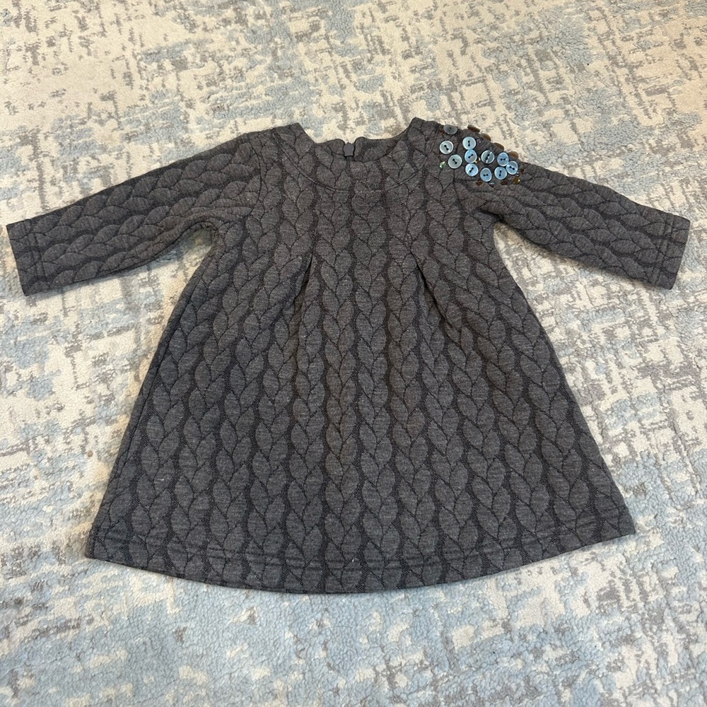 Le Top Gray Quilted Kids Baby Girl Dress with Blue Button Accents 3M